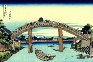 hokusai 36 ansichten mount fuji 06 Fuji seen through the Mannen bridge at Fukagawa